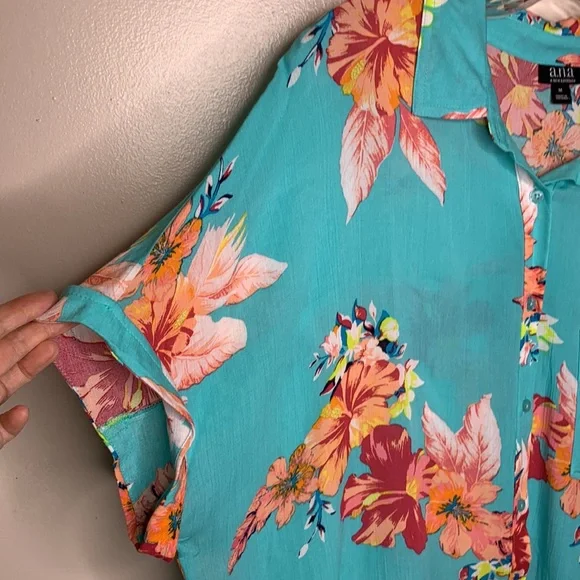 ANA Oversized Button Up Shirt Aqua & Peach Floral Hawaiian Dolman Sleeve Medium - Picture 5 of 14